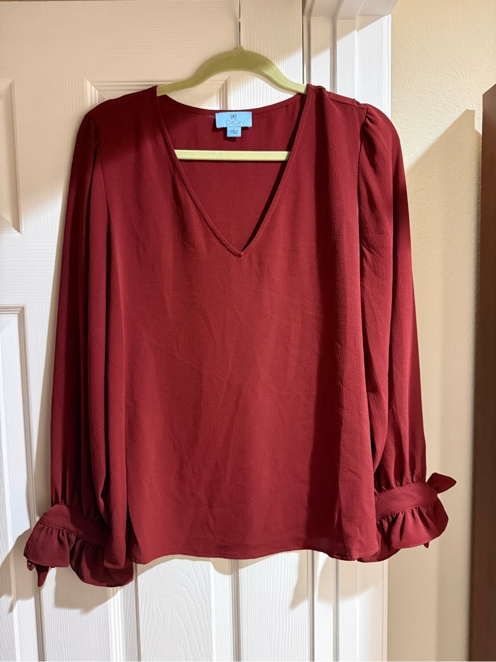 CeCe Burgundy V-Neck Long Sleeve Blouse